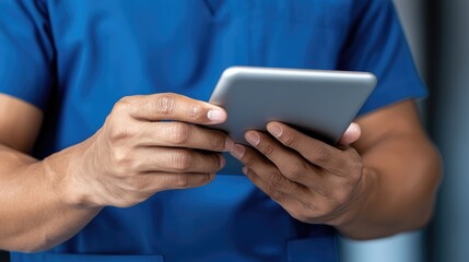 Healthcare professional using tablet for patient management medical facility digital interaction modern environment close-up view