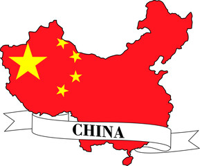 The map of China superimposed with the Chinese flag and with its name written on a ribbon