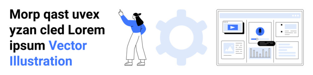 Woman gesturing, gear icon, and dashboard layout with charts and video. Ideal for teamwork, data analytics, digital tools, software design, education, engagement simple landing page