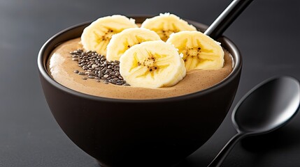 Delicious chocolate banana smoothie bowl recipe home kitchen food photography cozy atmosphere close-up view healthy eating tips