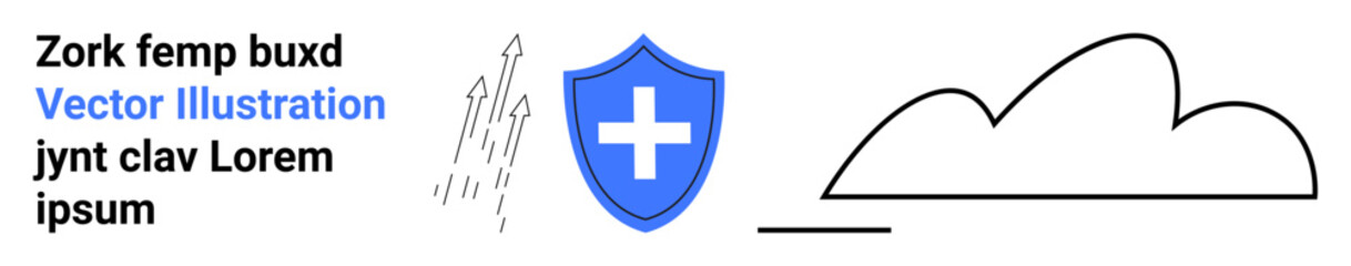 Blue shield with cross, upward lines, abstract cloud shape with a line. Ideal for healthcare, data safety, cloud technology, security, medical apps, innovation branding simple landing page