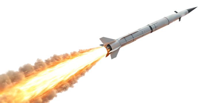 Rocket launching with flame and smoke trails in clear background