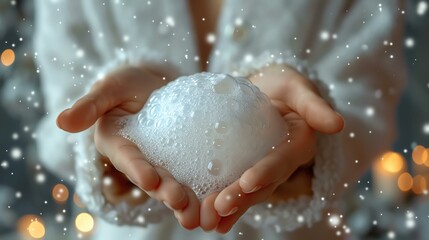 Fototapeta premium A close-up of delicate hands holding a bubble in a serene atmosphere, adorned with softly falling snowflakes, symbolizing tranquility and purity.