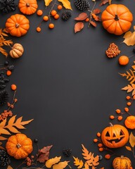 Autumn-themed flat lay with pumpkins, leaves, and pinecones on a dark background, perfect for seasonal decor.