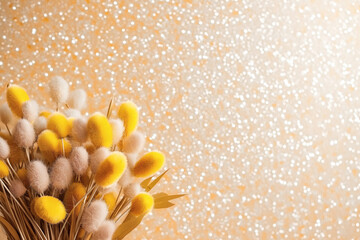 Decorative yellow and white flowers, vibrant arrangement, on sparkling background