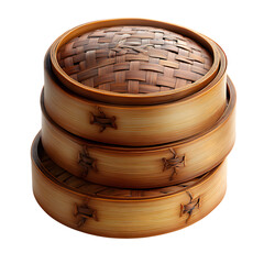 Bamboo Steamers with Woven Lids for Cooking Dim Sum Isolated on Transparent Background