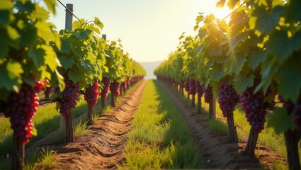 A vibrant vineyard at sunrise with rows of grapevines heavy with ripe purple grapes, the sun casting a warm glow over the landscape, symbolizing abundance and harvest. Generative, AI,