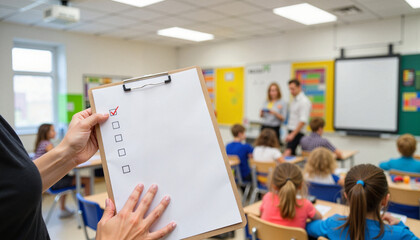 Teacher holding checklist in classroom, promoting educational success