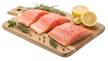 Fresh salmon fillets with lemon and herbs on a cutting board