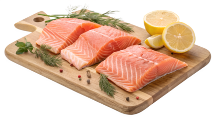 Fresh salmon fillets with lemon and herbs on a cutting board
