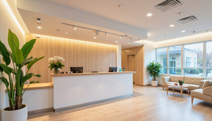 Modern health center reception area with calming plants, wellness space