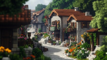 Fototapeta premium Picturesque Stone Village Street with Colorful Flowers