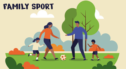 Family sport with mixed race family playing football in the park. Minimalist flat design illustration