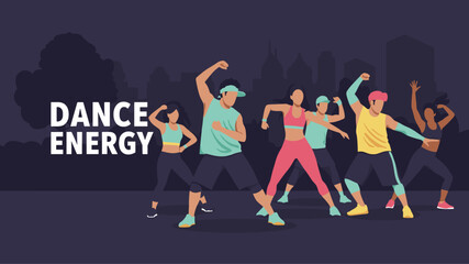 Group of people dancing together to exercise the body. Dance energy minimalist illustration poster