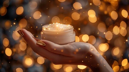 A hand gracefully holds a jar of shimmering skin cream against a backdrop of sparkling golden lights, embodying beauty and luxury.