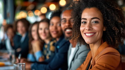 Fototapeta premium multiracial group of business people looking forward, being happy and smiling in a meeting