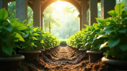 Obraz premium A fresh green plant emerging in the center of a field of young crops, bathed in sunlight, symbolizing growth, new beginnings, and the nurturing power of nature. Generative, AI,