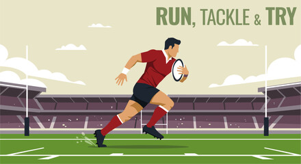 Professional man playing rugby. Run, Tackle and Try. Colorful illustration banner