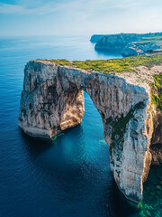 Aerial drone view of a natural stone arch over the ocean