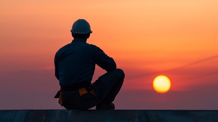 Silhouetted Electrician on Steel Beam at Sunset Doing Power Line Maintenance with Copy Space, Ultra-realistic Concept for Electrical Services Advertisement