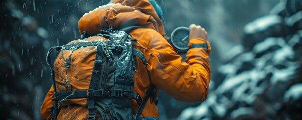 A person in an orange jacket explores a snowy landscape, showcasing adventure and the spirit of outdoor hiking in challenging weather conditions.