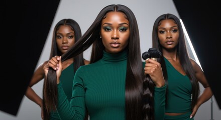 Three African American women in green tops holding hair extensions. Models with sleek straight hair showcasing hair pieces. Beauty, hair styling concept. Hair extension services and salon promotion.