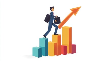 Businessman climbing success bar graph, growth, career advancement, professional