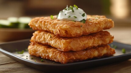 Crispy Fried Squares Stacked on a Plate with Creamy Topping