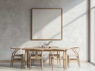 A wooden dining table with four chairs around it. A white framed picture hangs on the wall above the table