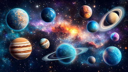 Vibrant Pixelated Cosmic Space Scenery with Planets Nebula and Starry Sky Abstract Background Featuring Dazzling Celestial Body