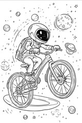 Create a simple blackandwhite illustration suitable for children aged 35 to color The theme is An alien riding a space bicycle on a planetary ring featuring c