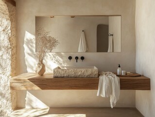 A bathroom with a sink and a mirror. A vase with flowers is on the counter. A bottle of soap is on the counter. A towel is hanging on the wall