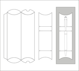 Vector die-cut template of custom-shaped individual packaging for pens, pencils, markers, and more. Black and white drawing.