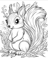 Obraz premium Childrens colouring book A cute cartoon squirrel friend with a bushy tail and twinkling eyes bold lines simple lines and a clean design