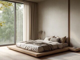 A bed with a white comforter and pillows. The bed is in a room with a window and a wooden headboard