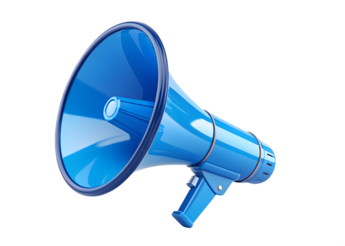 Bright blue megaphone with a sleek design on a transparent background