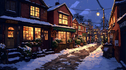 Fototapeta premium Winter Village Scene at Dusk with Snowy Street and Illuminated Buildings in a Quaint and Festive Atmosphere