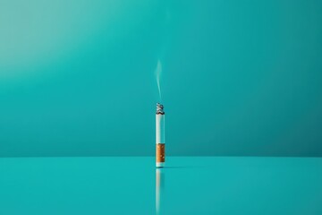 A single lit cigarette is smoking with a light blue background