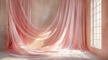 A serene interior showcasing soft pink drapes that flow gently, illuminated by warm sunlight filtering through a window, creating a tranquil atmosphere.