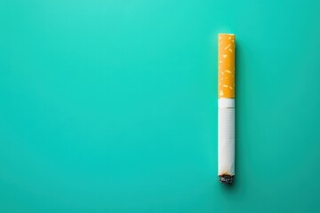 A single lit cigarette resting against a vibrant turquoise background
