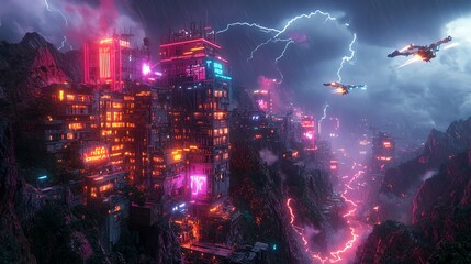 Obraz premium Cyberpunk Cityscape: A futuristic cityscape comes alive under a stormy sky, neon lights illuminating the towering structures and flying vehicles.