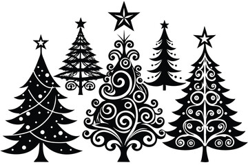 Christmas Tree Vector Shape Set Pine Tree Silhouettes with Stars Monochrome Icons