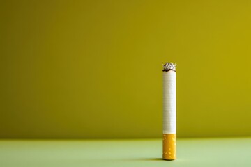 A burning cigarette stands tall against a plain colored background