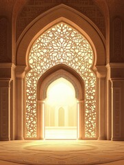 Ornate Islamic Archway Entrance with Geometric Patterns and Soft Light
