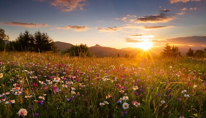 Obraz premium meadow with wildflowers under the setting sun