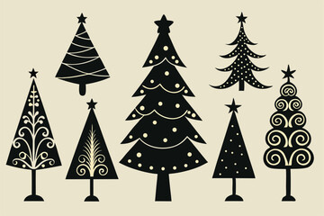 Obraz premium Christmas Tree Vector Shape Set Pine Tree Silhouettes with Stars Monochrome Icons