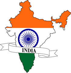 The map of India overlaid with the Indian flag and with its name written on a ribbon