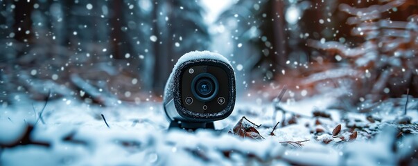 A stylish action camera resting on a snowy forest floor, capturing the beauty of winter. Snowflakes gently fall, creating a serene and picturesque scene.