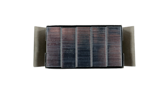 A box of staples is opened, revealing several rows of metal staples neatly arranged and ready for use. This image captures the essential supplies needed for paperwork organization.