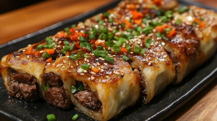 Sliced Beef Rolls with Green Onions and Sesame Seeds